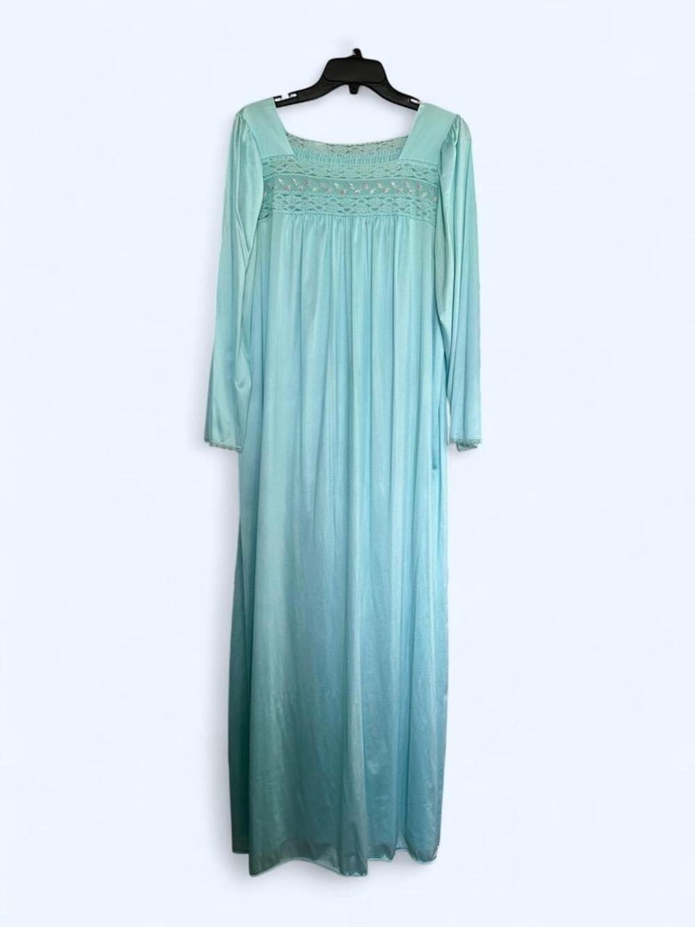 Vintage 70s Vanity Fair aqua blue long sleeve  maxi nightgown with floral detail